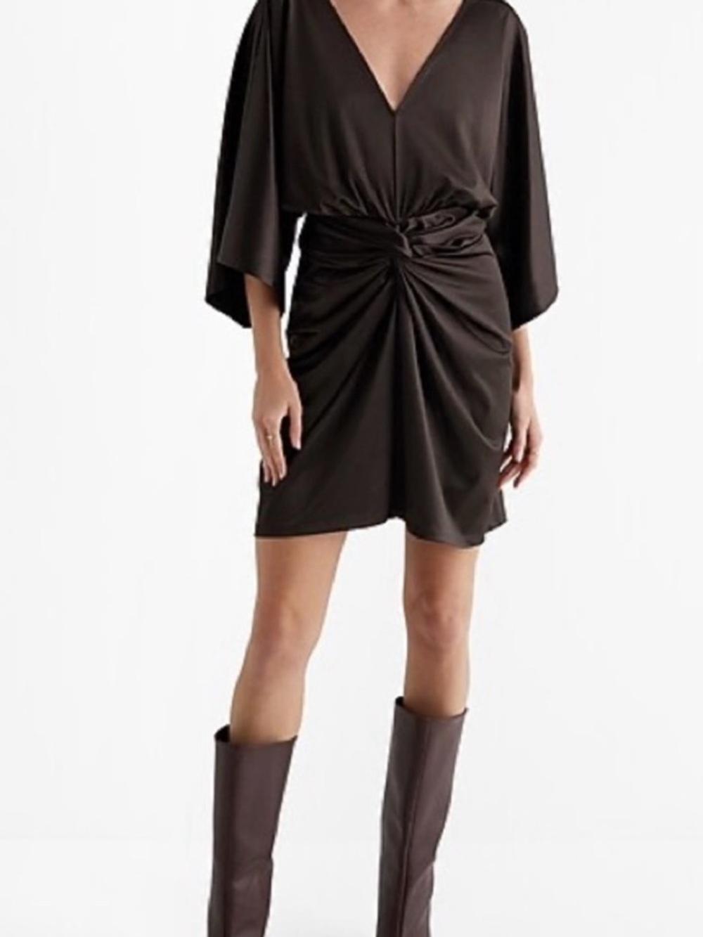 Express Black Twist Front Komono Bat wing sleeved Satin Mini Dress XS